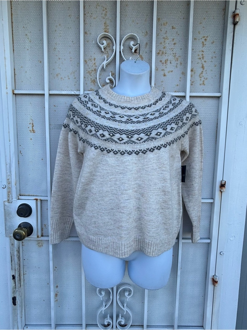 Absolutely Famous Beige & Gray Fair Isle Crewneck Sweater